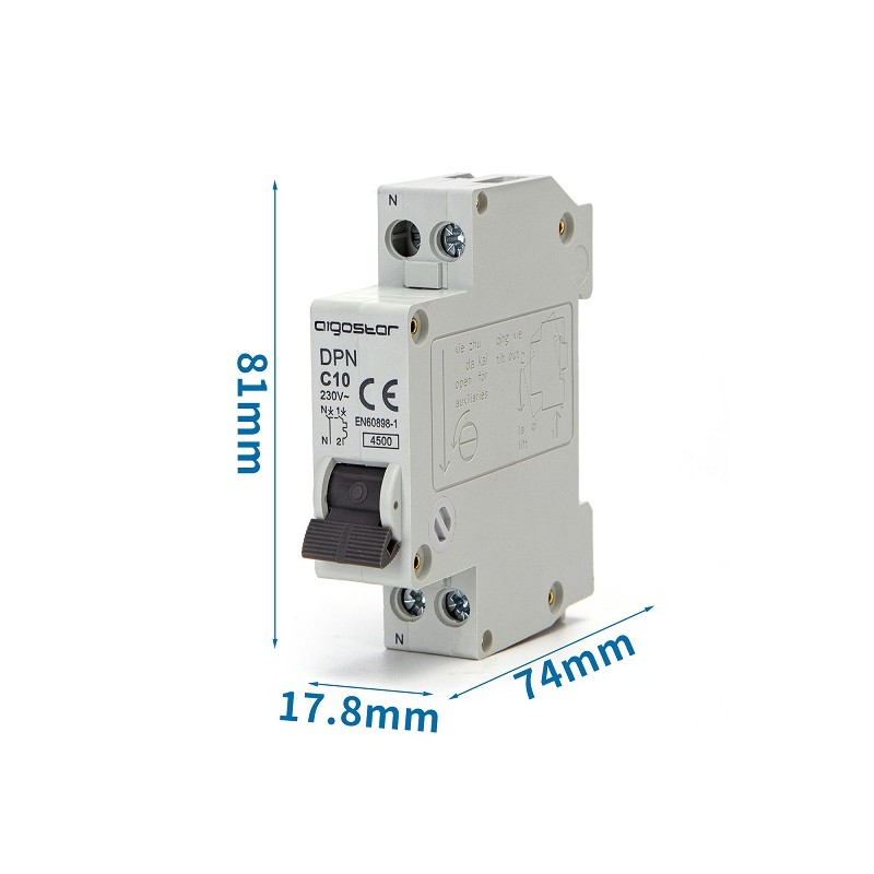 INTERRUTTORE MAGNETOTERMICO 2P C10 1 MODULO DIN AIGOSTAR